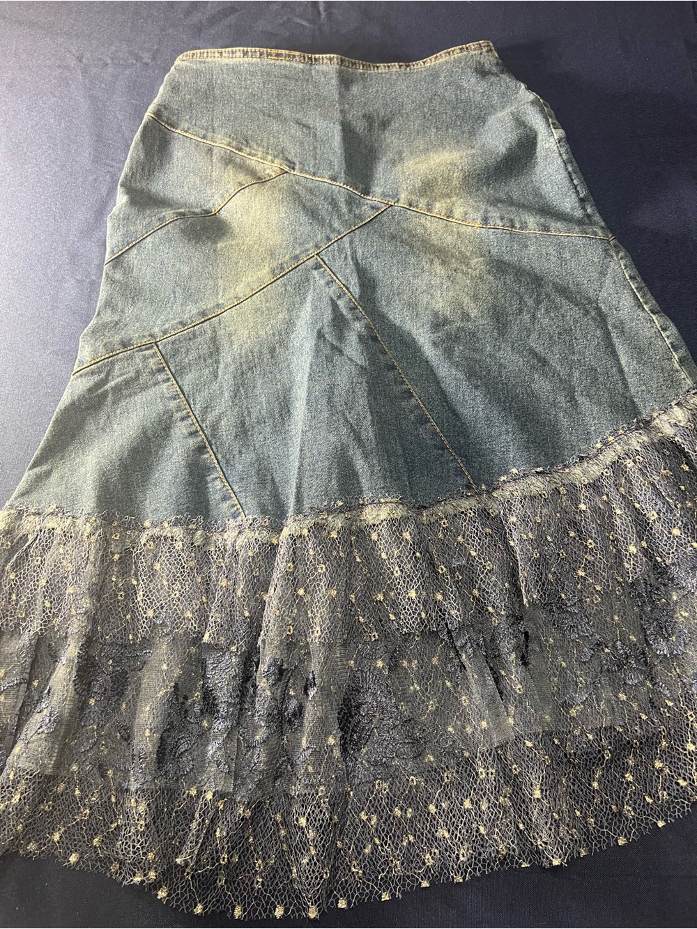 Y2K Beaded Denim Midi Skirt w/Lace Ruffle & Floral Embroidery Boho Whimsy - Picture 2 of 14